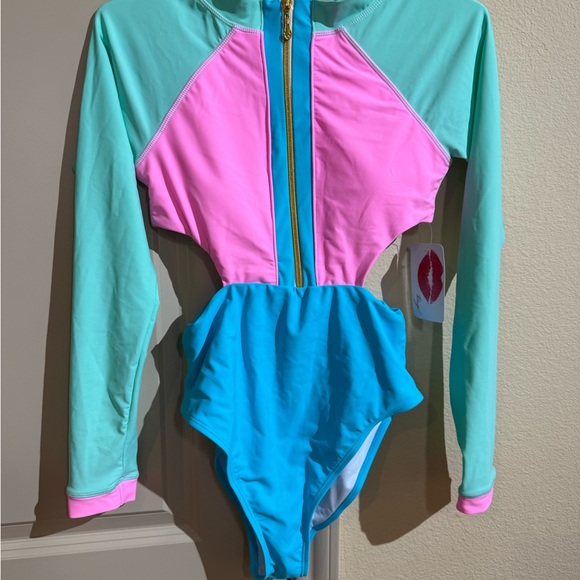 Colorblock Pink Turquoise Blue Green One Piece Swimsuit - Picture 7 of 10